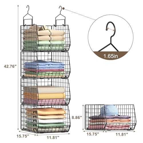 4" Extra Deeper Hanging Closet Organizers and Storage,4 Tier Foldable Wire Cabinet Shelves with 5 S Hooks,Small Metal Basket Bins for Clothes Sweaters Handbags, Wardrobe for Kitchen Laundry Room，Black - color: Black, size: 4-Tier