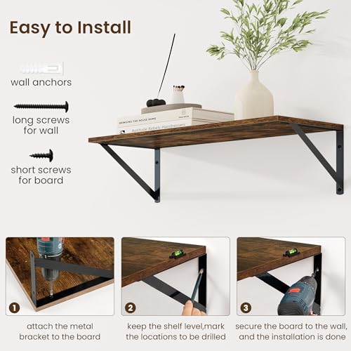 Fun Memories Deep Floating Shelves for Wall, 24W x 8D Wall Mounted Shelves Set of 2, Wide Display Ledge Shelf with Sturdy Metal Brackets for Living Room, Bathroom, Bedroom and Kitchen, Rustic Brown - color: A-rustic Brown, size: 24"W x 8"D