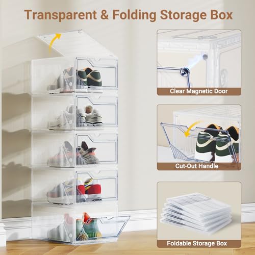 XX-Large Shoe Sneaker Storage Boxes for Size 14, Stackable & Thicken Clear Plastic Shoe Organizers 1Pack for Entryway Closet Under Bed, Shoe Storage Cabinets Container Display Case w/ Magnetic Door - size: 1 pack