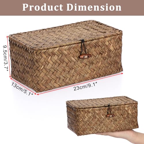 Sumnacon Small Wicker Basket with Lid Rectangle Woven Baskets for Toiletries Tampon Storage,Wicker Storage Basket with Lid,Decorative Seagrass Storage Baskets for Shelf Bathroom Toilet Table, Coffee - color: Coffee, size: X-Small