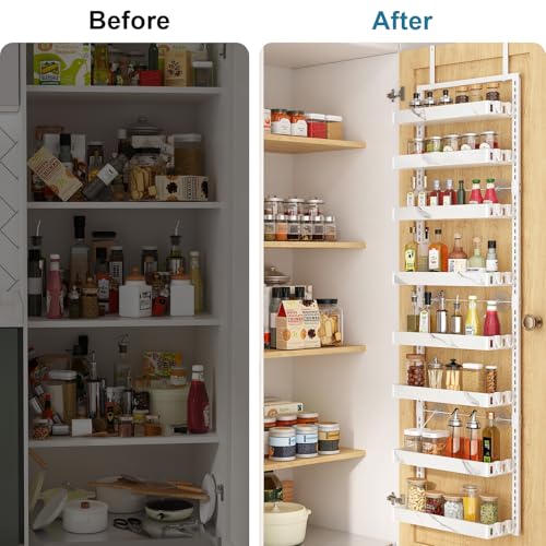 BUKFEN 8-Tier Over the Door Pantry Organizer, 2-in-1 Door Hanging or Wall Mounted Spice Rack, Heavy Duty Metal Storage Shelves with Adjustable Baskets for Kitchen Bathroom Closet - color: White pole marble color, size: 8 Tier