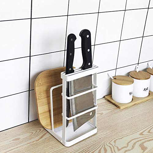 VANRA Metal Steel Cutting Board Holder Knife Block Kitchen Organizer Pantry Bakeware Rack Pan Pot Cover Lid Rack Stand with Draining Tray (White) - color: White, size: 4.7"L X 5.5"W X 8.5"H - With Draining Tray