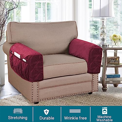 Non-Slip Sofa Armrest Protector,Thick Velvet Armrest Covers for Chairs and Sofas Couch with Side Pocket,Armrest Storage Organizer,Washable Arm Covers for Dogs，Set of 2 (Burgundy) - color: Burgundy