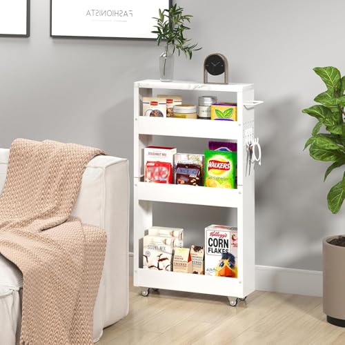 XYZLVSI Slim Storage Cart, 5 in Width, 4-Tier White Rolling Cart with Handle & Wooden Top for Kitchen Bathroom Laundry Narrow Places - size: 5.1IN-White