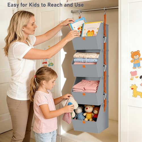 DIMJ Hanging Closet Organizer - 4 Tier Collapsible Hanging Shelves with Hooks Zipper, Fabric Clothes Organizer, Space-Saving Storage Bin Basket for RV, Bedroom, Laundry Organization - color: Grey, size: 4 Pack