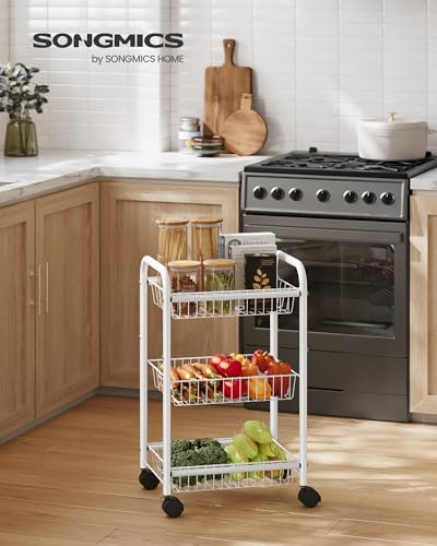 SONGMICS 3-Tier Metal Rolling Cart, Storage Cart with Removable Baskets, Utility Cart with Wheels and Handle, for Kitchen, Bathroom, Laundry Room, White UBSC003W01 - color: White