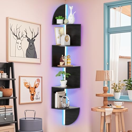 Waipfaru Corner Shelf, 5 Tier Bookshelf with LED Light, Corner Shelf Wall Mounted, Floating Shelves for Wall, Display Stand for Bedroom, Living Room, Bathroom, Home, Office, Black - color: Black