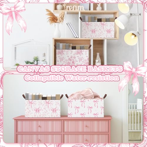 Boao 3 Pcs Pink Bow Storage Bin Coquette Collapsible Large Storage Baskets for Gifts Empty Candy Holiday Decor Canvas Laundry Basket Foldable Box with Handle for Office Home Bedroom Clothes - style: Pink Bow