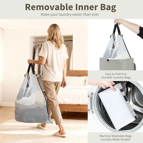 80L Large Laundry Hamper with Lid, Foldable Laundry Bag for Washing Machine with Removable Inner Bag, Dirty Hampers for Bedroom, Bathroom,Laundry Room, College (Grey) - color: Grey
