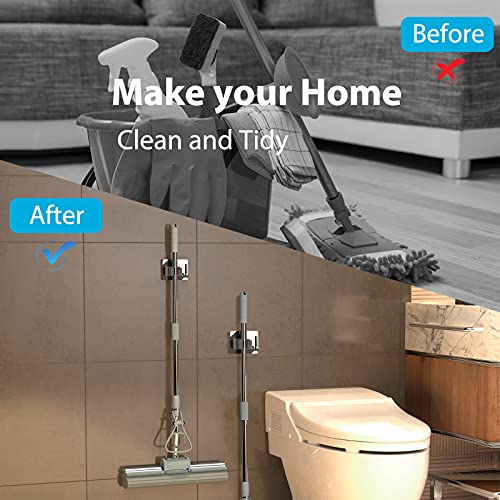 homeasy Mop Broom Holder No Drill, Mop Broom Organizer Wall Mounted Heavy Duty with Hooks Hanger, Self Adhesive Stainless Steel 4Pcs for Bathroom, Kitchen, Office (Silver) - color: Silver