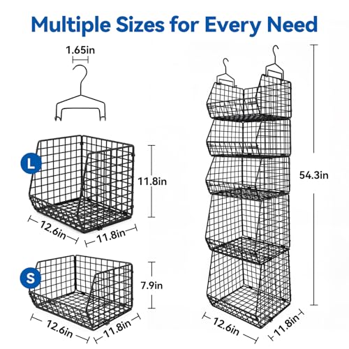 5 Tier Metal Hanging Closet Organizer with 2 Extra Tall Storage Baskets & 3 Standard Wire Baskets, Heavy Duty Foldable Closet Organizer with Protective Liners for Sweaters, Jeans, Handbags, Tower