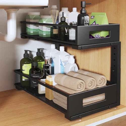 1 Pack 19IN Depth Under Sink Organizer, 2-Tier Pull Out Cabinet Organizer With Smooth Circular Rail, Large Capacity Metal Mesh Sliding Drawers For Bathroom& Kitchen Storage,Height Adjustable-Black - color: Black, size: 1 Pack-19"Dx11.6"-16.7" H