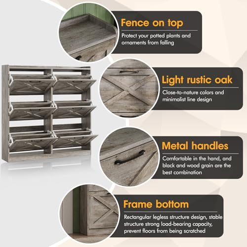 Maupvit Large Shoe Storage Cabinet with 6 Flip Drawers, Freestanding Shoe Organizer with Metal Handles for Entryway, Narrow Shoe Rack Cabinet, Light Rustic Oak - color: Light Rustic Oak, style: 6-Drawers