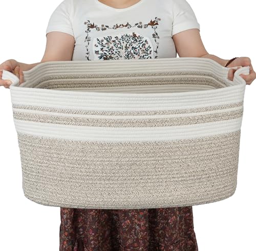 XUANGUO Large Rectangle Blankets Basket Living Room 22"x17"x12" Woven Cotton Rope Storage Baskets for Nursery Toy Baskets for Kids Wicker Laundry Basket Bin for Clothes Towels white brown - color: white and brown