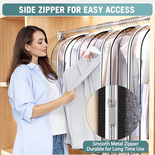 Liuoud Clear Garment Bag for Hanging Clothes 10” Gusseted, 60” Suit Bags for Open Closet Storage Plastic Clothes Cover for Coat, Dress, Shirts, Fur, Jacket, Wardrobe Protectors, 4 Pack - color: Clear, size: 60 inch