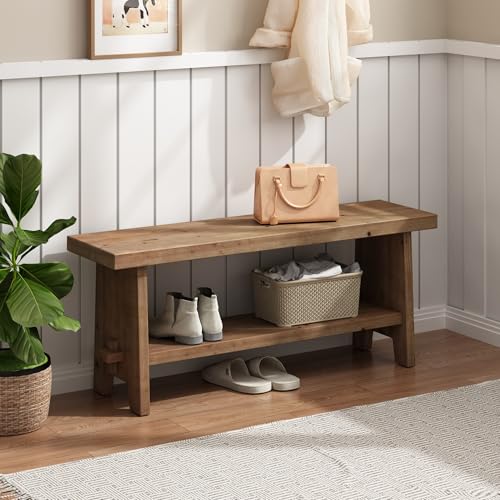 HOKYHOKY Solid Wood Entryway Bench - 43.3" Farmhouse Long Storage Bench, Rustic Narrow Bench Seat for Indoor, Entryway, Dining Room, Living Room and Hallway, Brown - size: 43.3"