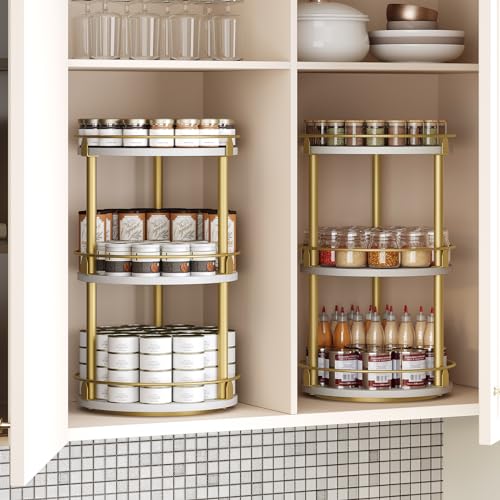 Yatiney 3-Tier Lazy Susan, Rotating Spice Rack, Spinning Organizer, Industrial Turntable Spice Rack for Cabinet, Kitchen Countertop, Pantry, White and Gold SR23DW - color: White + Gold, size: 10.2"L x 10.2"W x 18"H