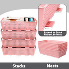 Tiawudi Stackable Woven Plastic Basket, Storage Bins for Cabinet, Closet, Shelf, Under Sink and Countertop, Pantry Organizer Bins, 6 Pack - color: Pink