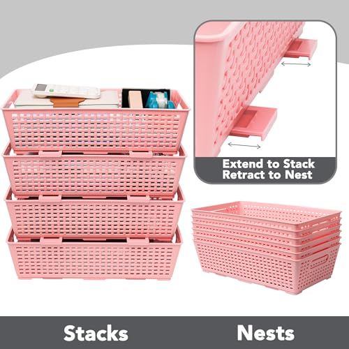 Tiawudi Stackable Woven Plastic Basket, Storage Bins for Cabinet, Closet, Shelf, Under Sink and Countertop, Pantry Organizer Bins, 6 Pack - color: Pink