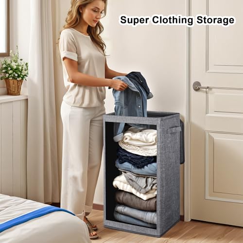 Odonata 75L Slim Laundry Hamper with Lid,Large Foldable Laundry Basket with Removable Bag and Handles Tall Collapsible Dirty Clothes Basket Great for Bedroom, Bathroom, Dorm, College,RV. (Grey, 75L) - color: Grey