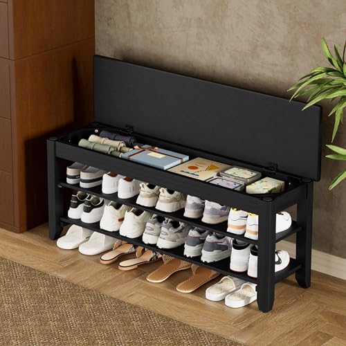 Homleke Shoe Rack Bench with Flip-Top Storage, Solid Wood Entryway Bench with Cushion, Adjustable Shelf, for Hallway, Mudroom, Closet – Black, 39.4" - color: Black, size: 39.4"