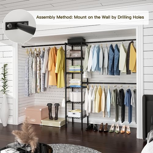 Ulif M1 Closet Storage Organizer System, 6 Tiers Heavy Duty Metal Garment Rack with 3 Expandable Hanger Rods, Wall Mounted Space Saver Suits from 5.4-8.7 ft. Width, 71.2”H x 14”D, 700LBS, Black - color: Black