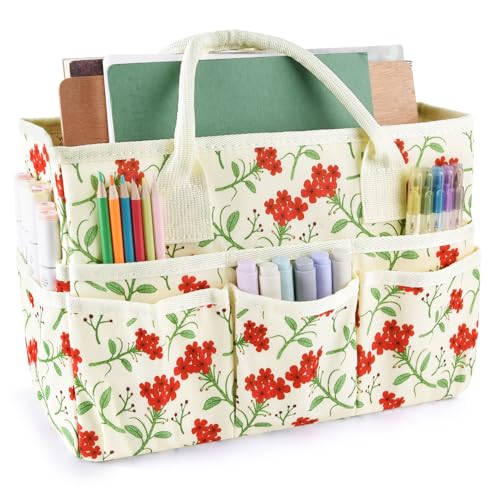 E-WEICHEN Craft Organizer Tote Bag Art Storage Caddy with Multiple Pockets Containers for Art,Craft,and Office Supplies Storage.Red Flower - color: Red Flower