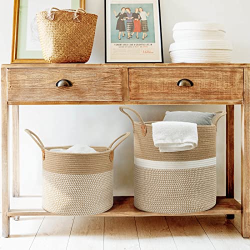 CHICVITA Extra Large Woven Storage Basket with Handles – Laundry Basket Toy Towels Jute Blanket Basket Home Decor Gift, 16" x 16", White - color: White, size: 16"W x 16"H