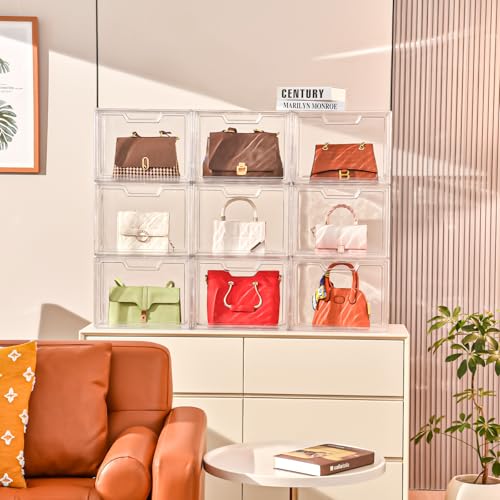 3 Pack Clear Storage Bins with Lids, Storage Containers with Magnetic Door, Stackable Acrylic Display Case for Handbags, Cosmetic, Multifunctional Storage Boxes for Dorm, Living Room, Bedroom Storage - size: 3pack