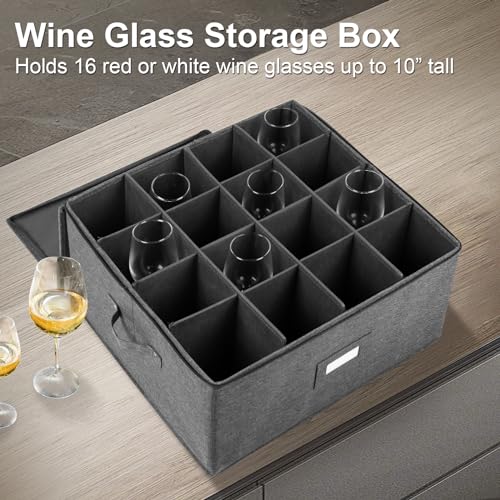 popoly Stemware Storage Cases, Wine Glass Storage Box Containers with Dividers for Glassware or Crystal, Holds 16 Red or White Wine Glasses, Hard Top and Stackable (Grey) - color: 16 Cell Grey