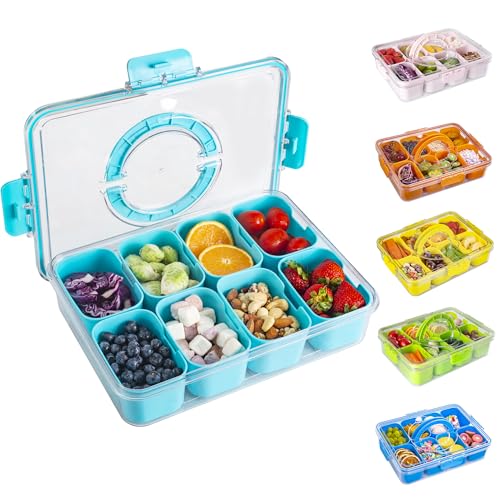WACOI Divided Snack Serving Tray with Lid and Handle Travel Snackle Charcuterie Container Portable Storage Organizer for Candy, Fruits, Nuts, Snacks, Party, Picnic (1pack, Lake blue) - color: Lake blue