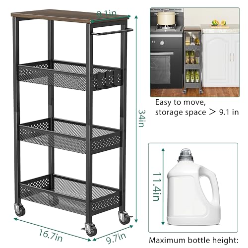 XYZLVSI Slim Storage Cart 4 Tier Fruit and Vegetable Baskets for Kitchen Small Space, Narrow Laundry Cart on Wheels with Wooden Top and Metal Handle for Pantry, Bathroom, Laundry Room - size: 16.7"Dx9.1"Wx34"H