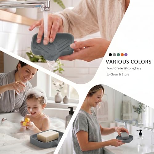 MicoYang Silicone Bathroom Soap Dishes with Drain Spout-Bathroom and Kitchen Sink Organizer,Sponge Holder,Dish Soap Tray,Perfect for Dispenser,Scrubber,Bottle,Cup on Sink or Counter-Grey 4.9"×3.2" - color: Grey, size: S(4.9"×3.2")