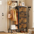 Lewondr Dresser with Hanging Rack and Storage Drawers, 4 Drawer Chest with Hooks and Hat Rack, Rustic Entryway Organizer for Clothes, Bags, Shoes and Accessories, Brown Wood Finish
