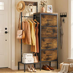 Lewondr Dresser with Hanging Rack and Storage Drawers, 4 Drawer Chest with Hooks and Hat Rack, Rustic Entryway Organizer for Clothes, Bags, Shoes and Accessories, Brown Wood Finish