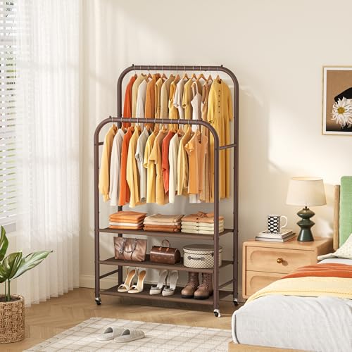 HOMIDEC Double Rods Clothes Rack Clothing Rack with 3 Tier Storage Shelves Clothes Rack for Hanging Clothes Multifunctional Heavy Duty Clothes Organizer for Bedroom,Wardrobe Closet,Shop,Brown - color: Brown
