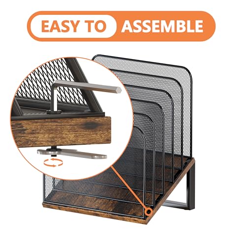 Piskyet Wooden Desk File Organizer, 5-Section Vertical File Folder Holder Stand,Metal Mail Paper Chromebook Organizer for Teacher Desk Office Classroom Desktop Organization（Inclined） - size: 5-Section Inclined