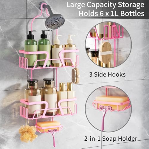 DAOYA Shower Caddy Hanging, Pink Over the Shower Head Caddy with Soap Holder, Bathroom Organizer with Hooks for Razors and Bath Sponges - color: Pink