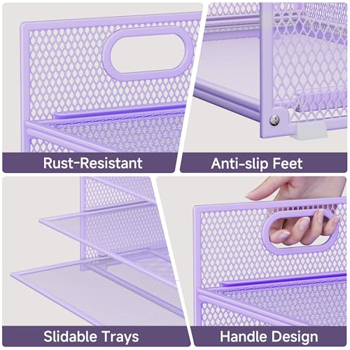 Purple Paper Organizer for Desk with Handle, 6-Tier Metal Mesh File Organizer | Stackable Desktop Organizer for Office Supplies & Stationery Storage - color: Purple, size: 12.6" x 9.1" x 13.5"