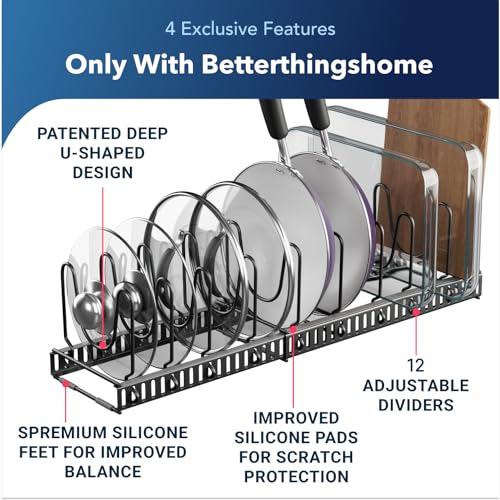 Better Things Home 5.5” Wide 12-Slot Adjustable Pot Lid Organizer with Scratch-Free Pads, Expandable Pot Lid Holder Rack for Cabinet, Small to Medium Pots and Pans Organizer Inside Cabinet - color: Dark Grey, size: LID ORGANIZER - 12+ DIVIDERS