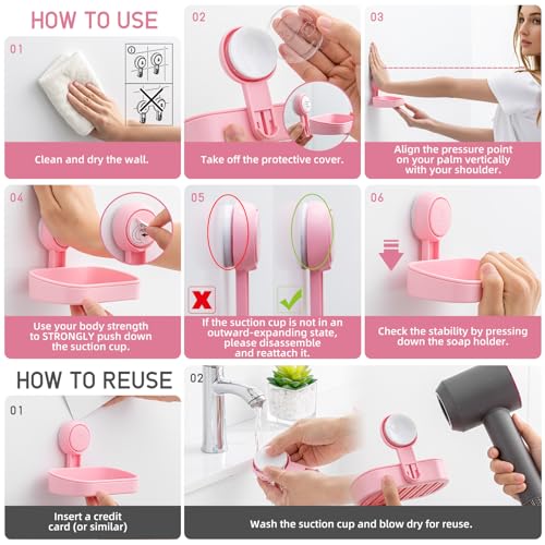 LEVERLOC Soap Dish Holder for Shower Suction Cup Wall Mounted Self Draining NO-Drilling Removable Bar Soap Sponge Holder for Bathroom Bathtub Kitchen Sink Waterproof Strong Vacuum Suction, Pink - style: 1 tier Pink