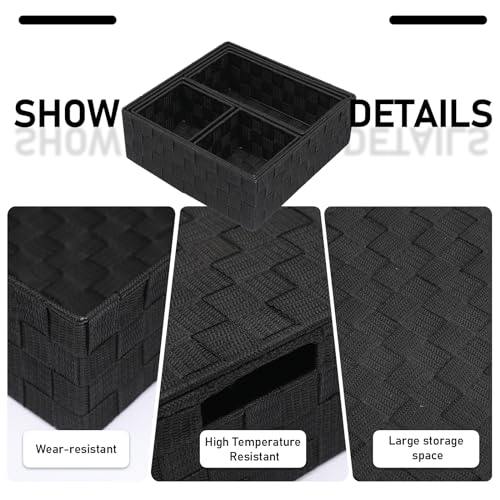 Storage Bins Woven Organizer Set of 7 – Polypropylene Storage Baskets with Metal Frame, Stackable Fabric Boxes for Drawers, Closet, Shelf, Nursery and Office, Black - color: Black, size: 7PCS-without lid