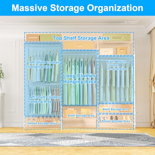 Ulif E13C Heavy Duty Closet Organizer System，Freestanding Clothing Racks for Hanging Clothes，Adjustable Garment Rack 63" W x 16" D x 77" H Hold 960 lbs，White Clothing Rack with White Dustproof Cover - color: White Rack with White Cover, size: E13C