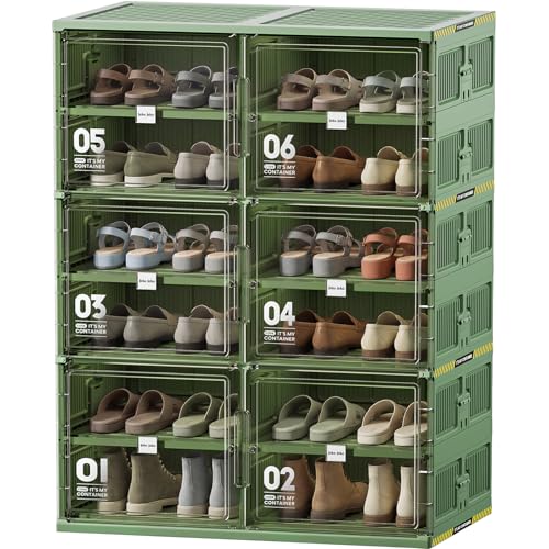 JEKO&JEKO 6 Tiers Green Foldable Shoe Rack Organizer for Entryway, Outdoor Front Door Shoe Storage Cabinet, Large Collapsible Shoe Box with Magnetic Doors, Holds Up to 24 Pairs - color: Double-row(Green), size: 6 Tiers