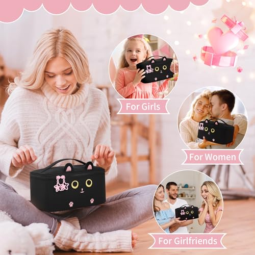 OCHEAL Makeup Bag,Travel Makeup Organizer Bag, Cute Cosmetic Bags for Women Girls Travel Toiletry Bag Traveling With Brush Slot And Divider-Cat - color: 0020_Black Cat, size: Medium