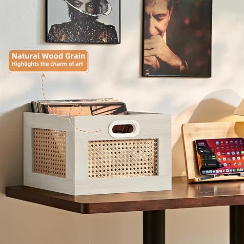 LELELINKY 2 Pack Vinyl Record Storage Crates, Rattan Vinyl Record Holder with Handle, Wood Record Crate for Vinyls Holder up to 75 LP's, Desktop Cube Album Storage for Vinyls Records(Grey White) - color: Grey White, size: 2 Pack