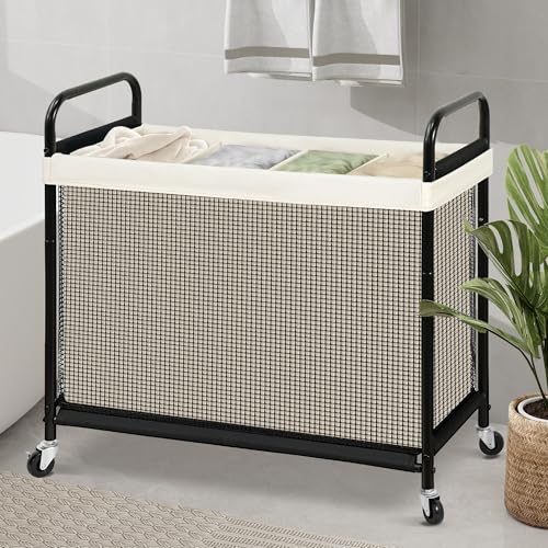 STO STO Laundry Hamper 4 Section, 140L Rolling Laundry Sorter Cart with Removable and Washable Liner Bag, Clothes Hamper with Wheels and Metal Handle for Laundry Room and Bedroom, Beige - color: Beige, size: 4-Section