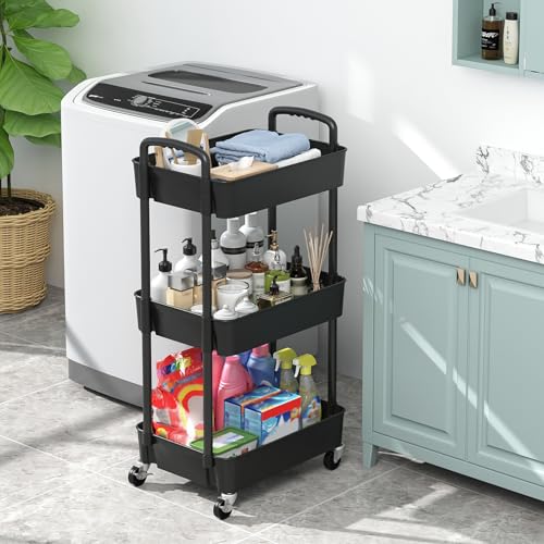 Sywhitta 3-Tier Plastic Rolling Utility Cart with Handle, Multi-Functional Storage Trolley for Office, Living Room, Kitchen, Movable Storage Organizer with Wheels, Black - color: Black, size: 3-tier