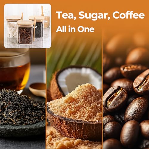 ComSaf 0.8 Qt Glass Jars with Bamboo Lids & Spoons Set of 4, Square Glass Containers with Lids, Sugar Coffee Containers Salt Spice Jars, Pantry Storage Container for Loose Tea, Candy, Brown Sugar, Nut - size: 0.8Qt*4