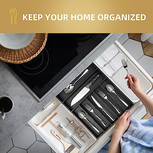 Besilord Silverware Organizer Kitchen Drawer Organizer Utensil Organizer Bamboo Silverware Holder Cutlery Organizer in Drawer Flatware Organizer Tray(7 slots, Black - color: Black, size: 7 Slots